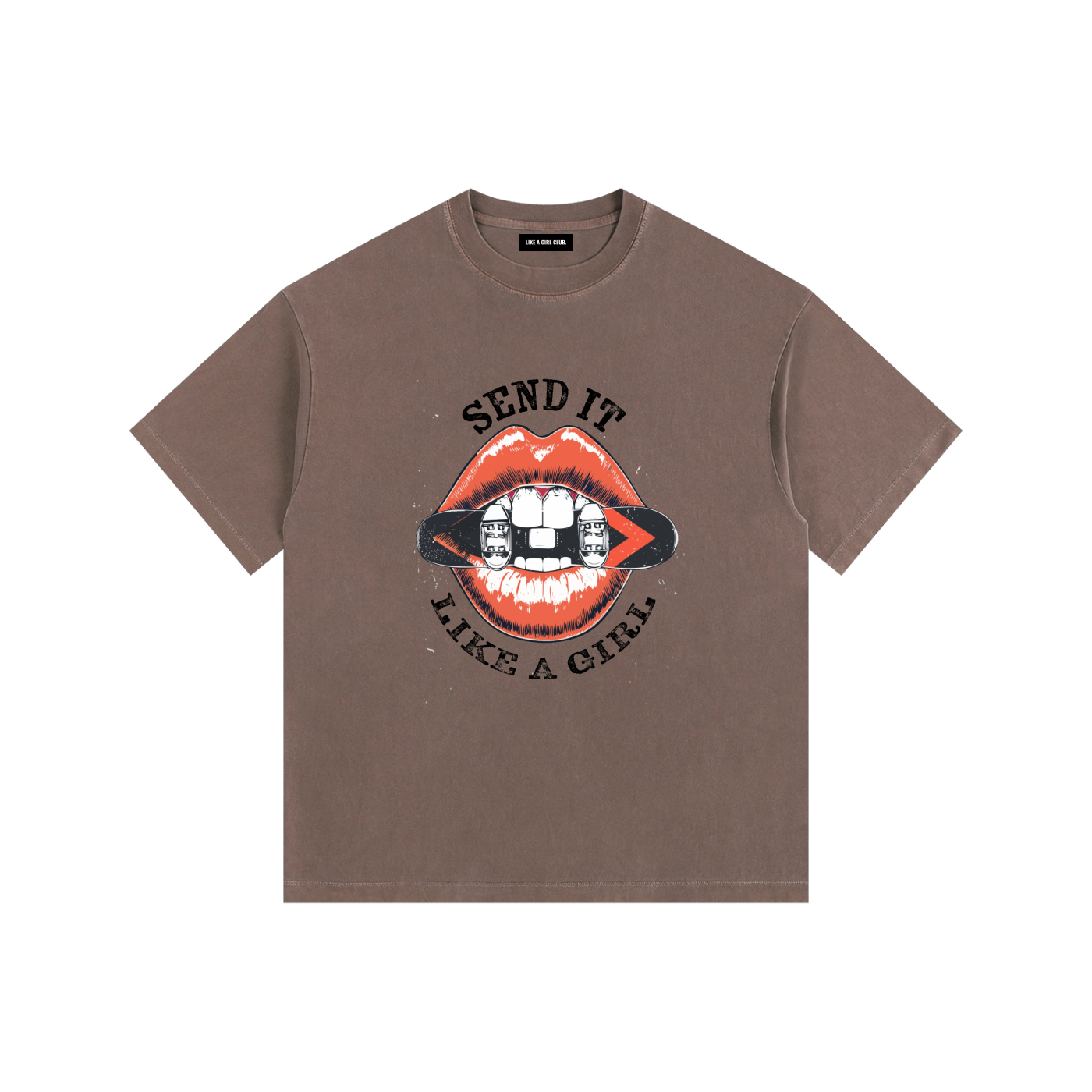 WOMENS SNOWBOARDING TSHIRT SEND IT LIKE A GIRL BACK BROWN 