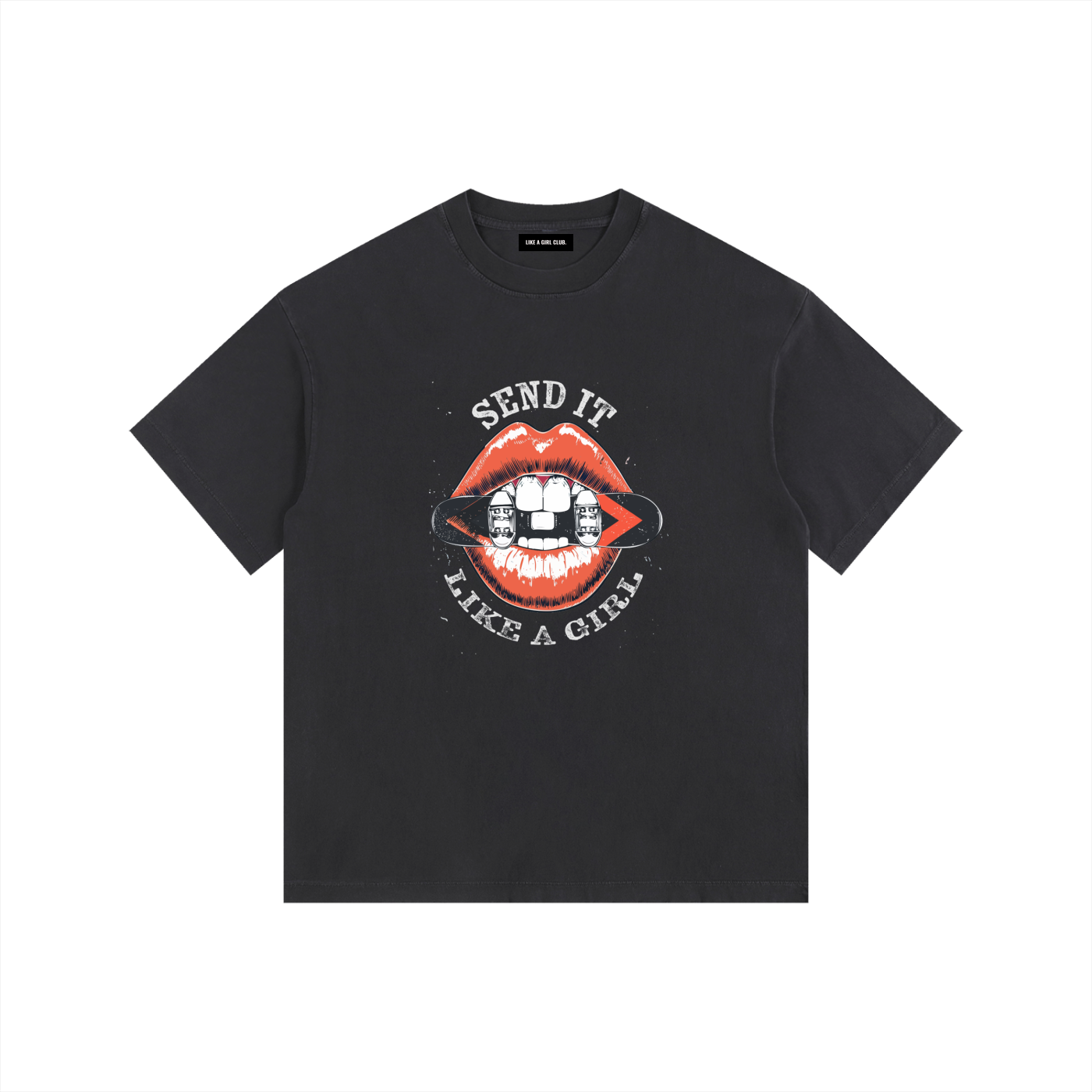 WOMENS SNOWBOARDING TSHIRT SEND IT LIKE A GIRL FRONT BLACK 