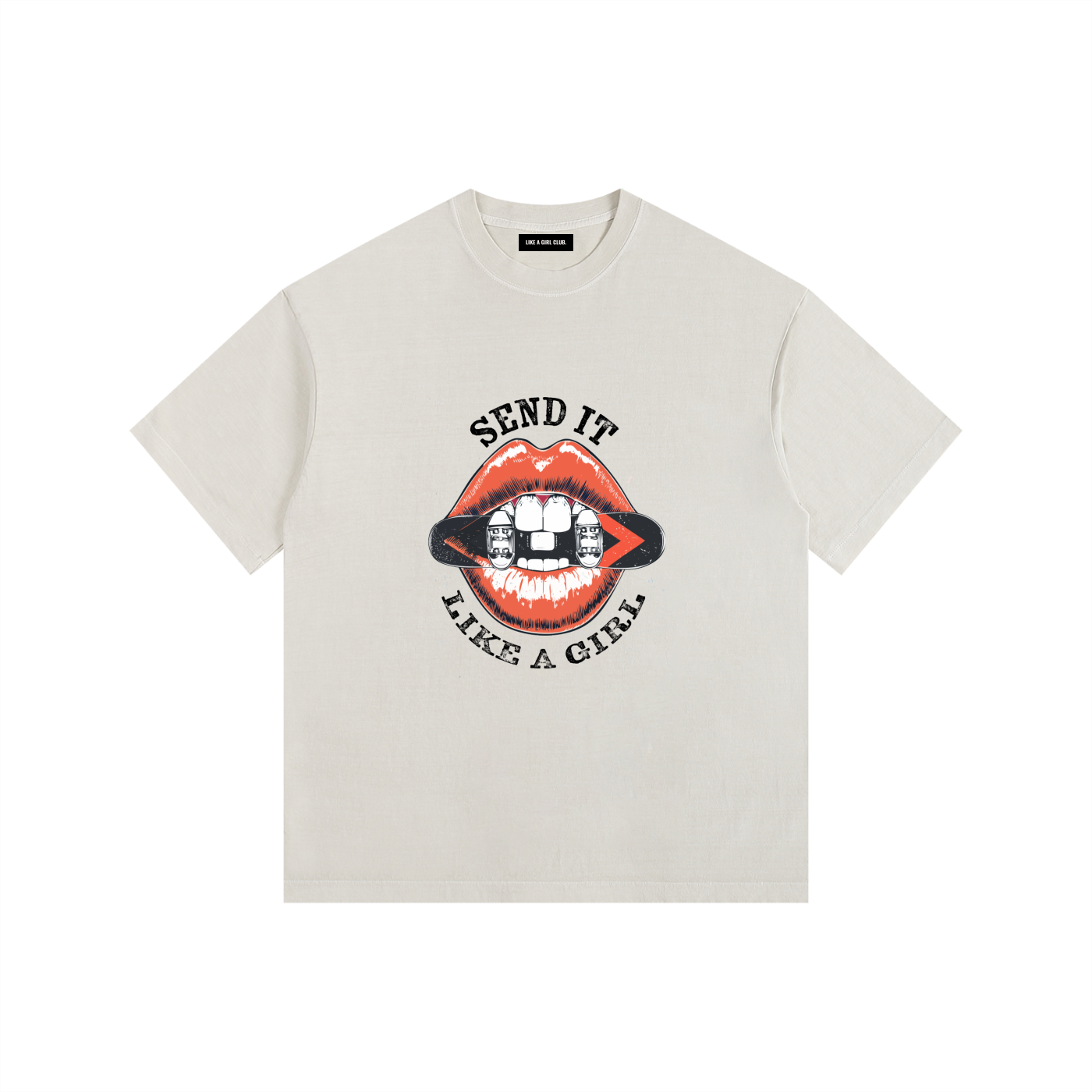 WOMENS SNOWBOARDING TSHIRT SEND IT LIKE A GIRL FRONT CREAM 