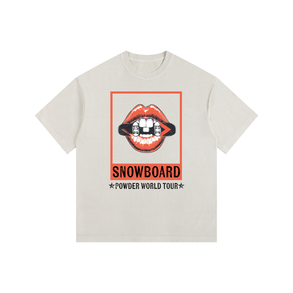 WOMENS SNOWBOARD TSHIRT SNOWBOARD POWDER WORLD TOUR WITH LIPS FRONT WHITE