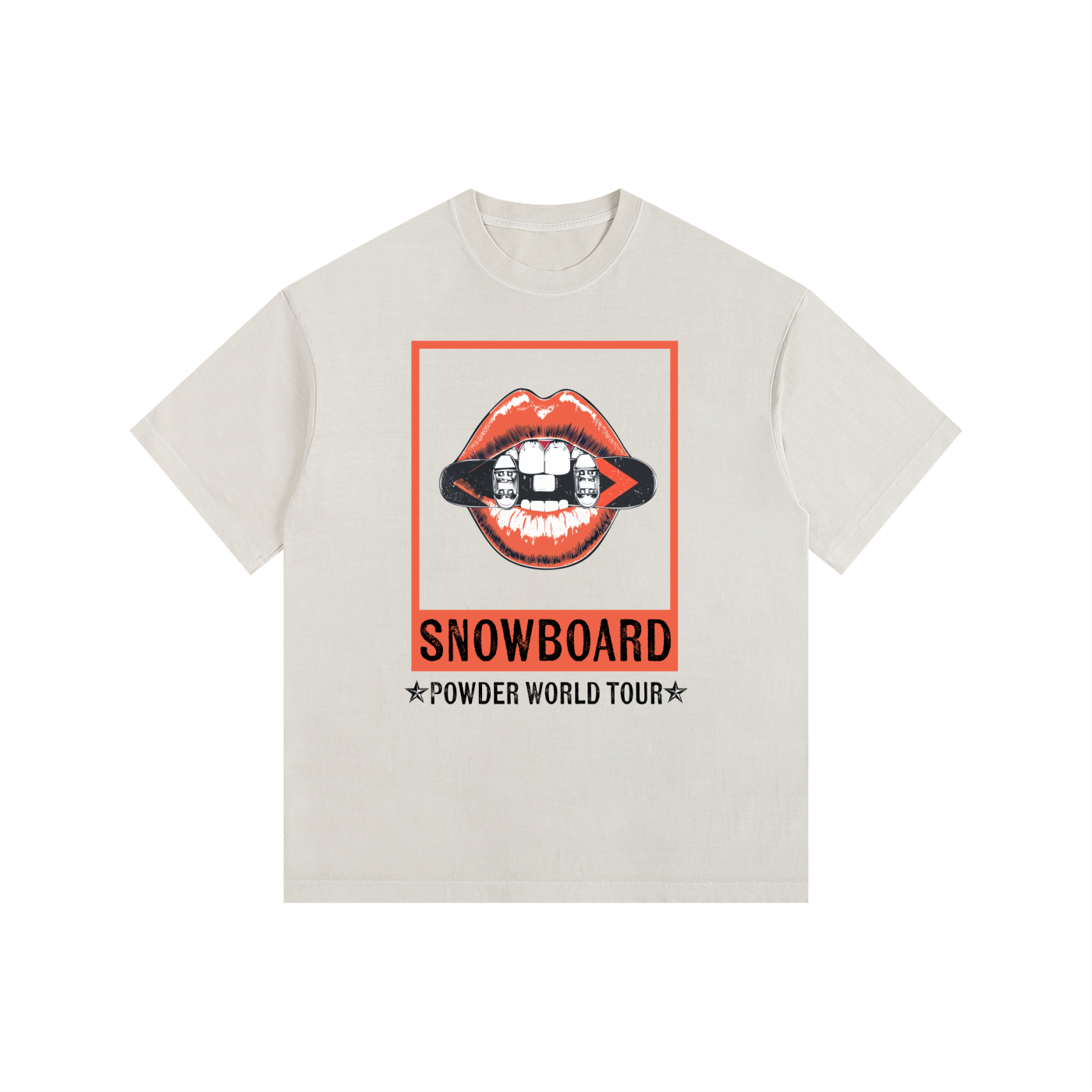 WOMENS SNOWBOARD TSHIRT SNOWBOARD POWDER WORLD TOUR WITH LIPS FRONT WHITE