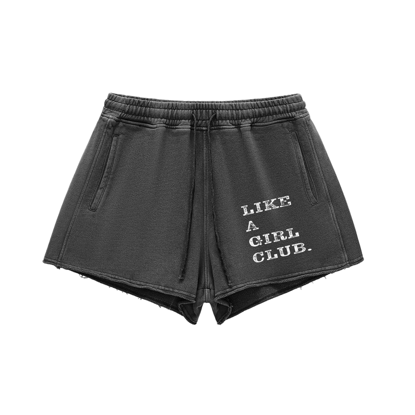 Like A Girl Club Branded Washed Raw Edge Drawstring Shorts