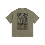 Back view of an Army Green Heavyweight Boxy T-Shirt with a moss green "Hunt Like A Girl" duck graphic.