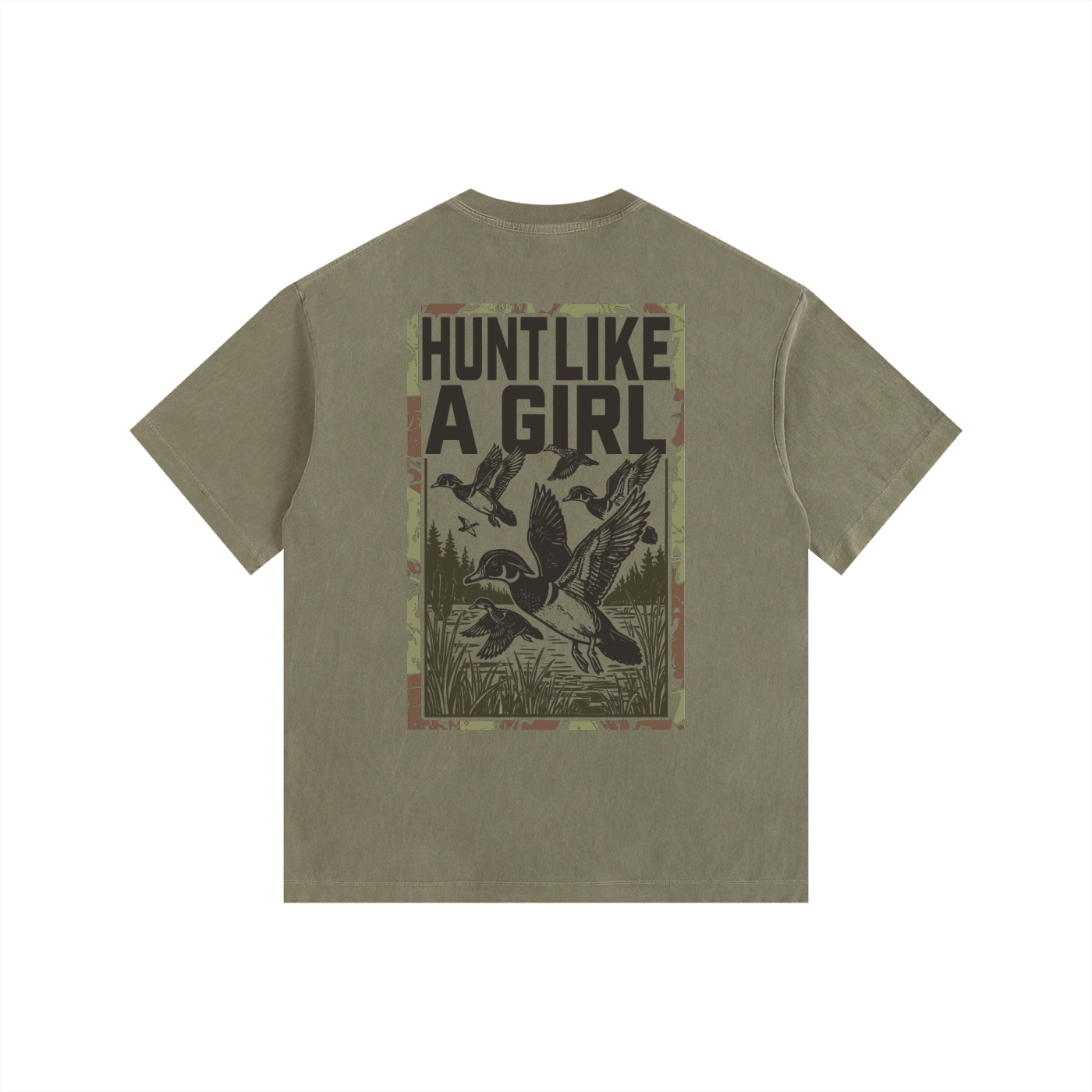 Back view of an Army Green Heavyweight Boxy T-Shirt with a moss green "Hunt Like A Girl" duck graphic.