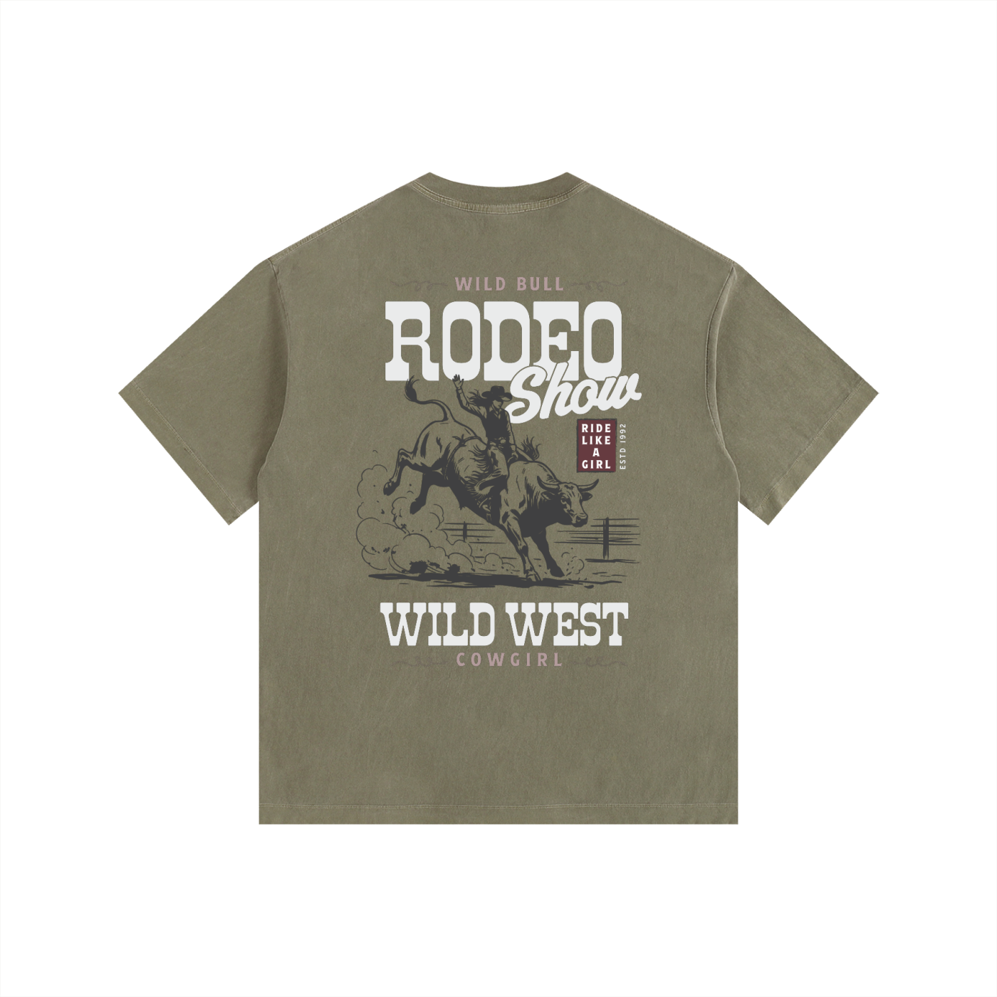 Back view of an Army Green Heavyweight Boxy T-Shirt featuring a vintage white "Wild West Rodeo Show" graphic.