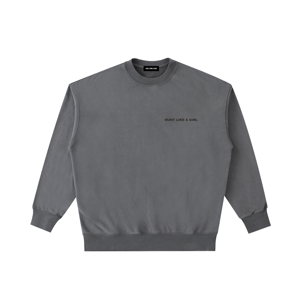 Front view of a boxy charcoal grey heavyweight sweatshirt from LIKE A GIRL CLUB with a premium vintage wash.