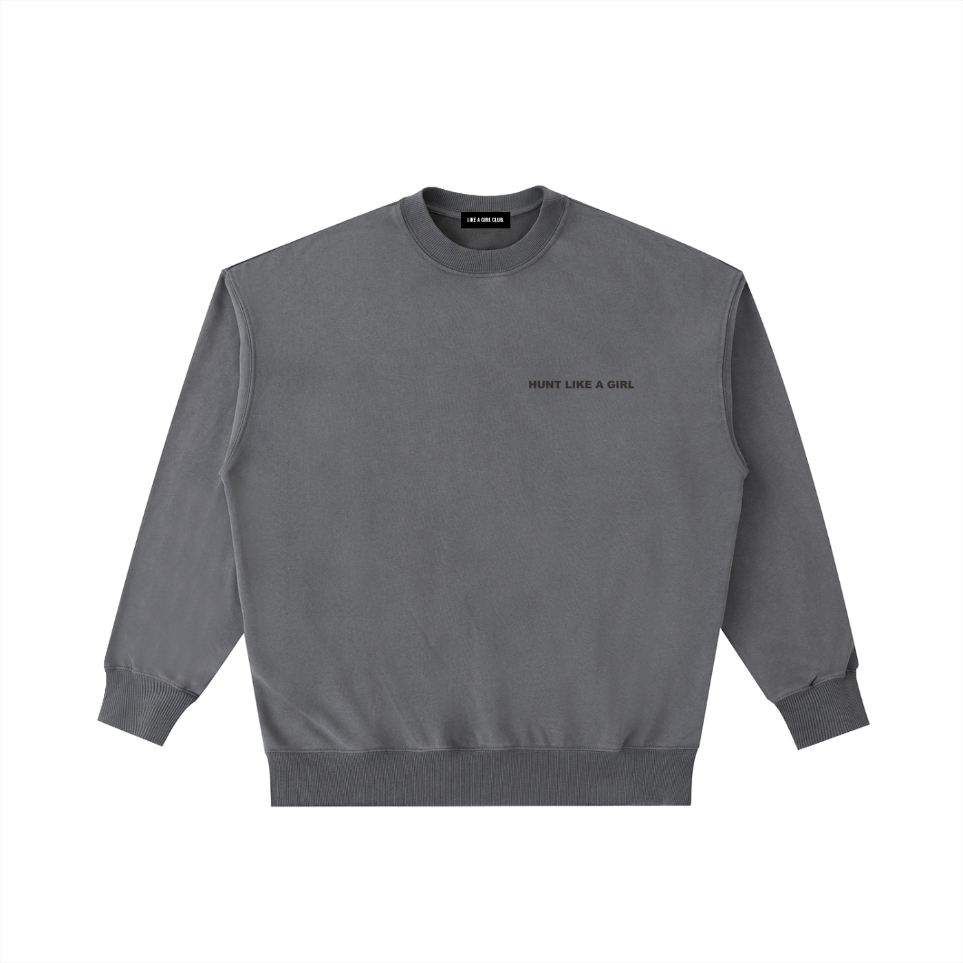 Front view of a boxy charcoal grey heavyweight sweatshirt from LIKE A GIRL CLUB with a premium vintage wash.