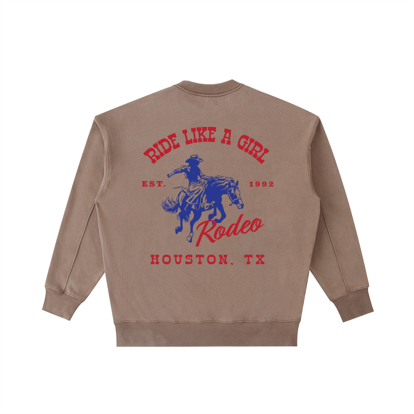 Back view of a Coffee Brown Vintage Washed Crewneck with a red and navy Houston TX Rodeo "Ride Like A Girl" graphic.