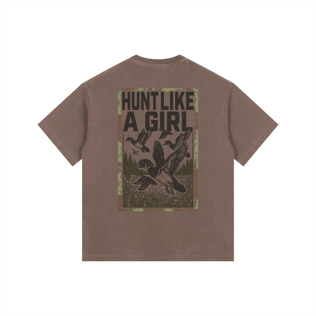 Back view of a Coffee Brown Heavyweight Boxy T-Shirt with a moss green "Hunt Like A Girl" duck graphic.