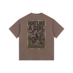 Back view of a Coffee Brown Heavyweight Boxy T-Shirt with a moss green "Hunt Like A Girl" duck graphic.