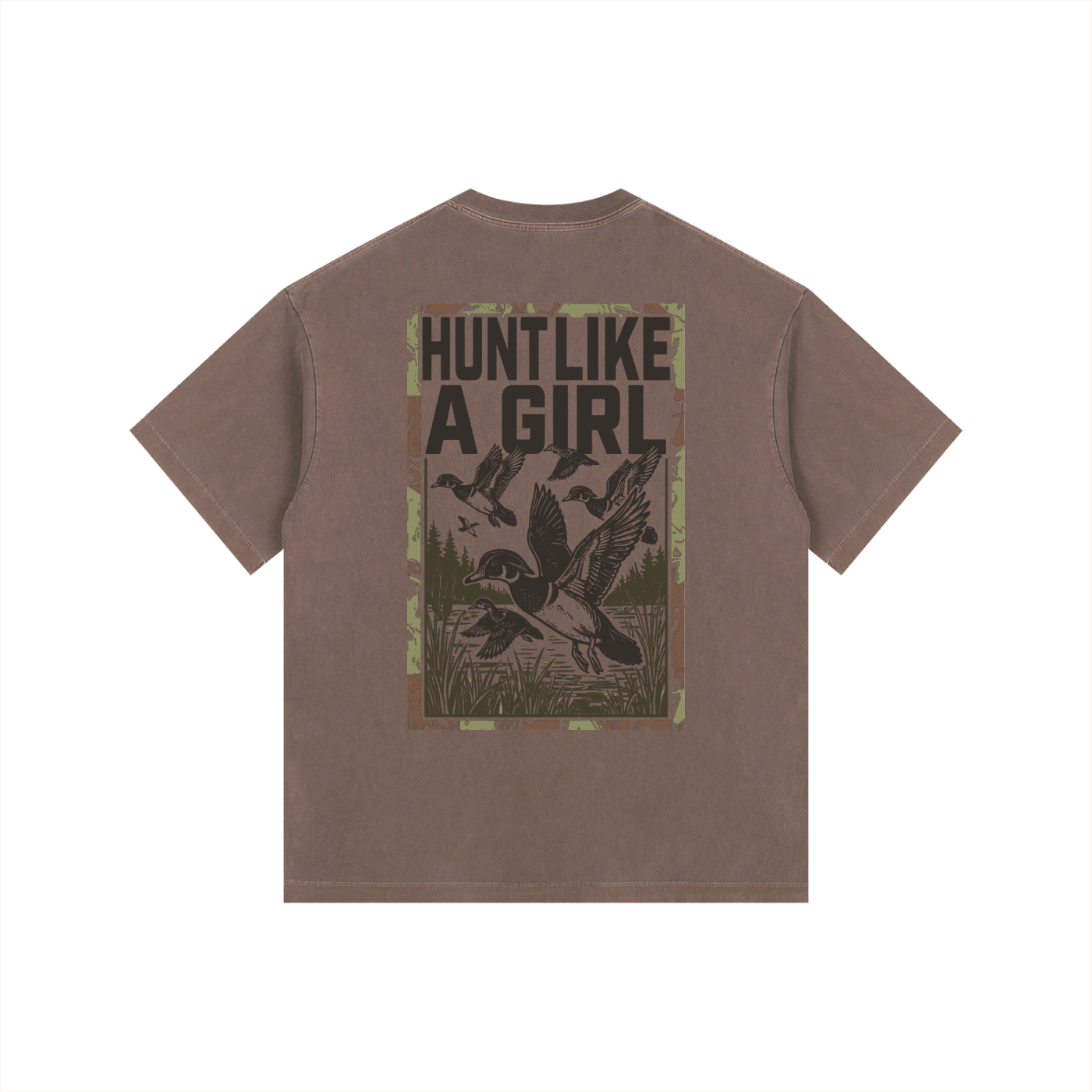Back view of a Coffee Brown Heavyweight Boxy T-Shirt with a moss green "Hunt Like A Girl" duck graphic.