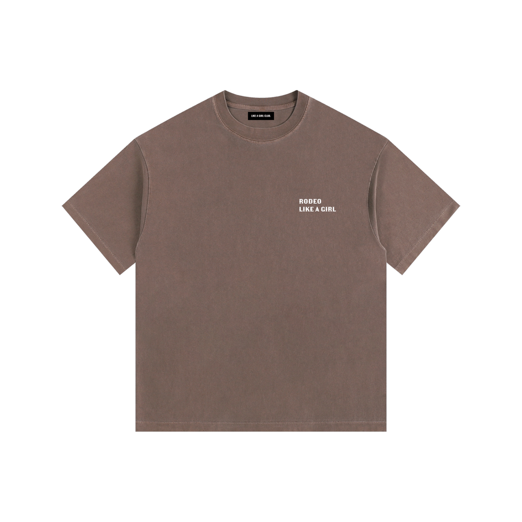Front view of a boxy, coffee brown heavyweight t-shirt from LIKE A GIRL CLUB with a thick crew neck collar.