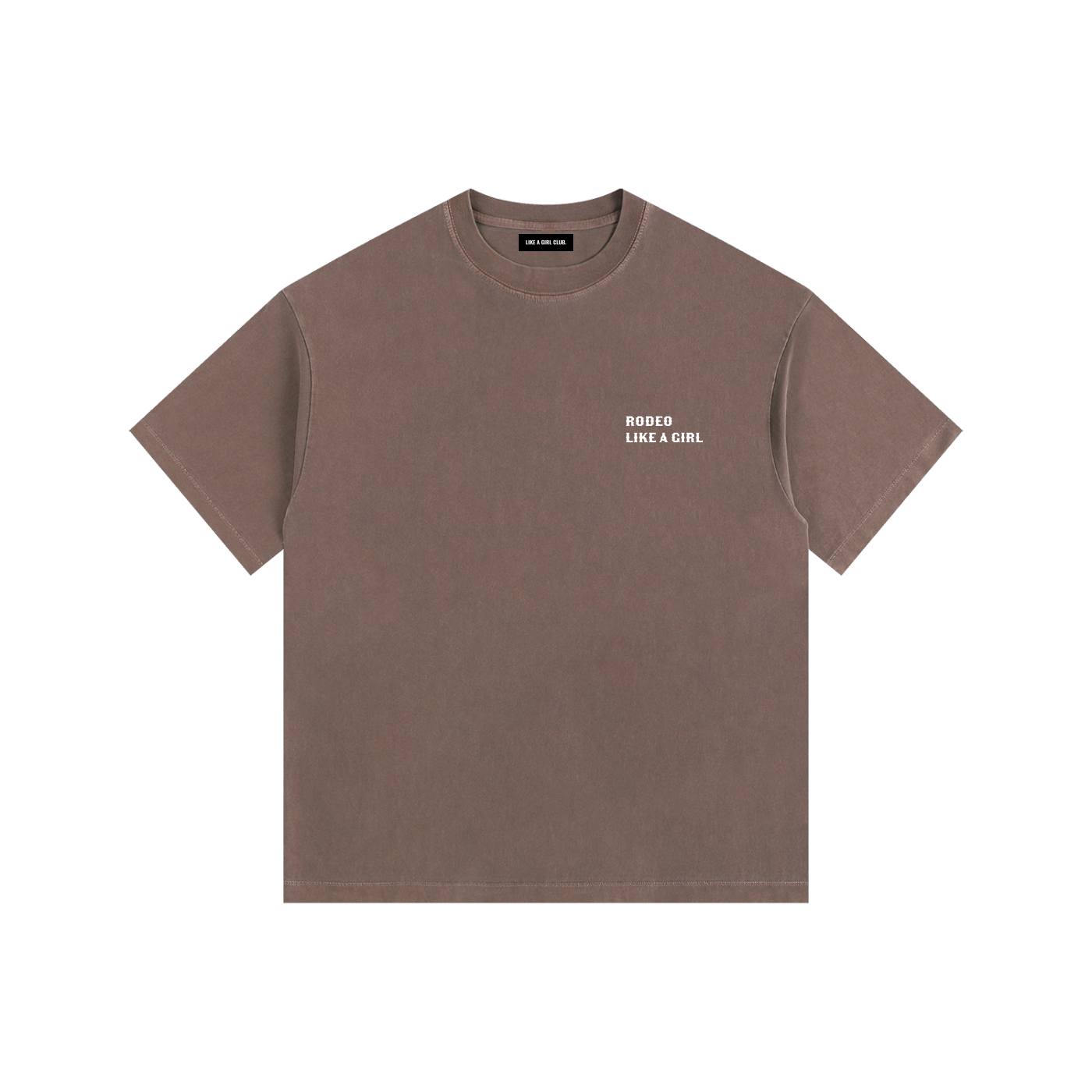 Front view of a boxy, coffee brown heavyweight t-shirt from LIKE A GIRL CLUB with a thick crew neck collar.