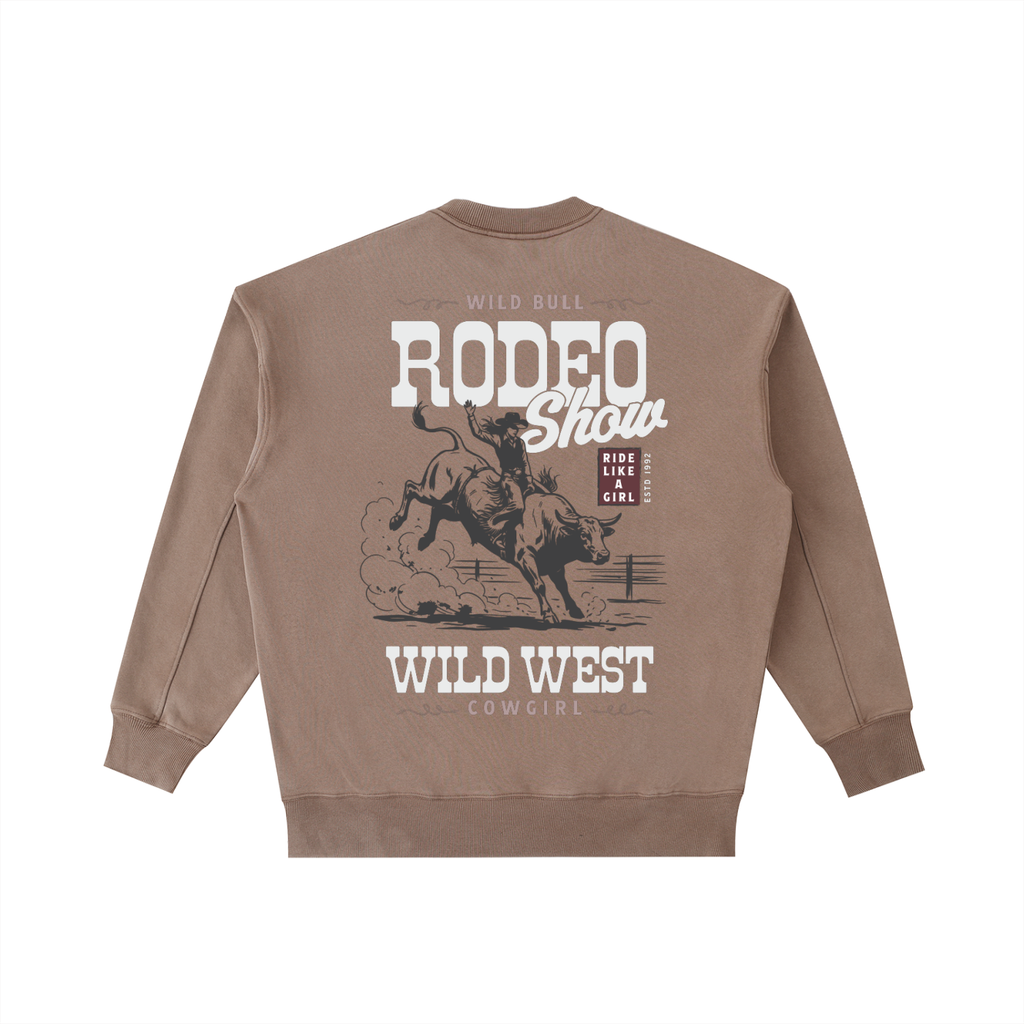 Back view of a Coffee Brown Vintage Washed Heavyweight Crewneck featuring an off-white "Wild West Rodeo Show" graphic.
