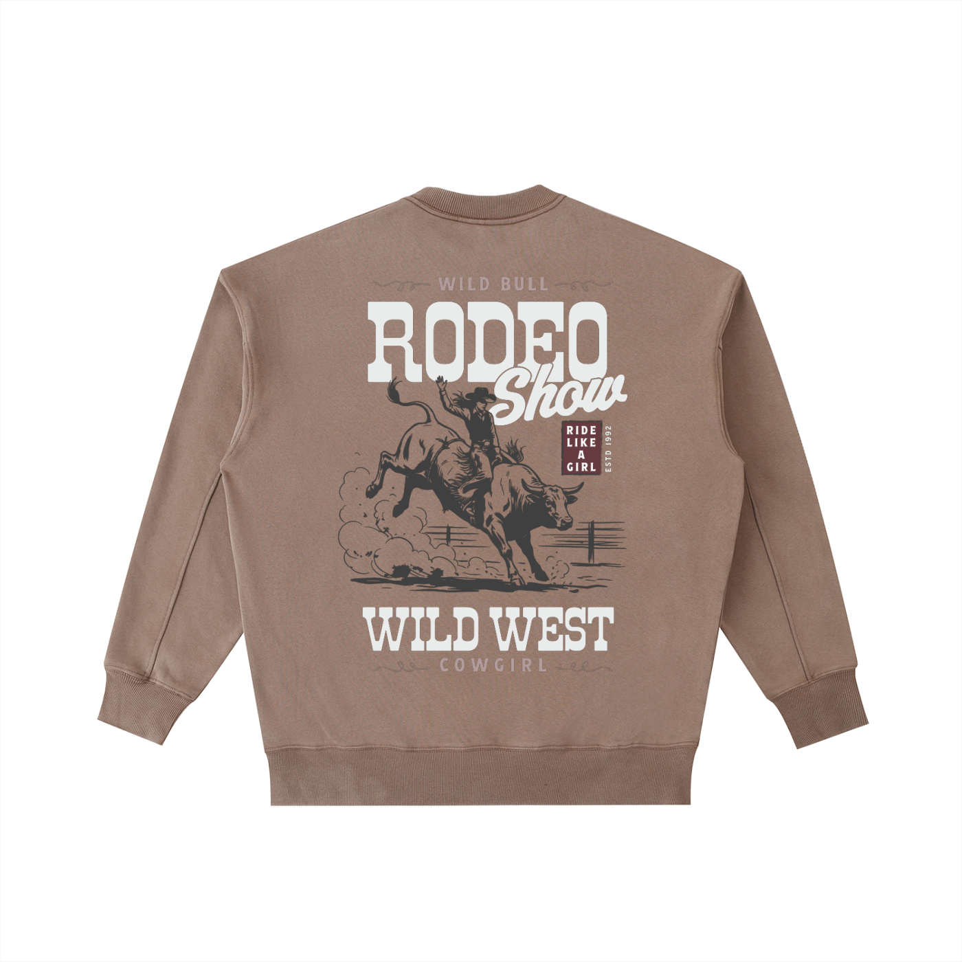 Back view of a Coffee Brown Vintage Washed Heavyweight Crewneck featuring an off-white "Wild West Rodeo Show" graphic.