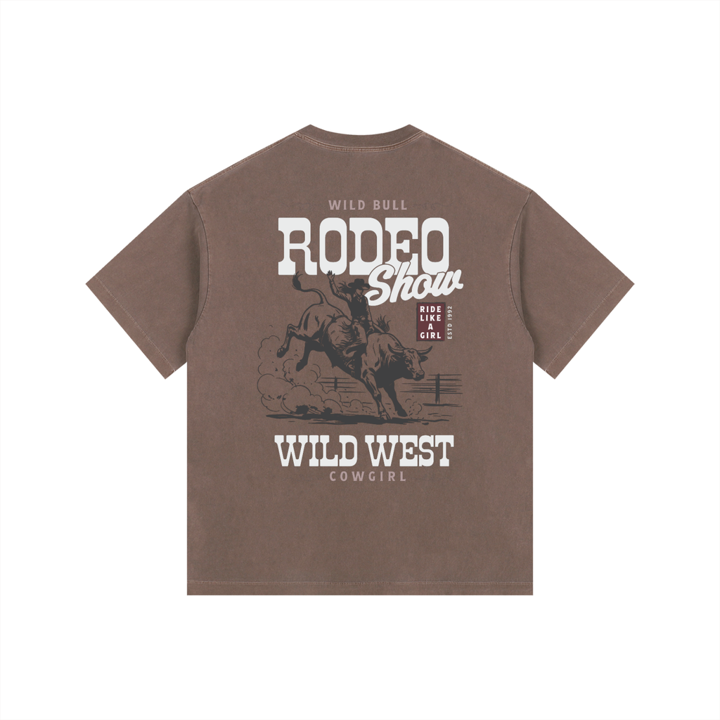 Back view of a Coffee Brown Heavyweight Boxy T-Shirt featuring a vintage white "Wild West Rodeo Show" bull riding graphic.