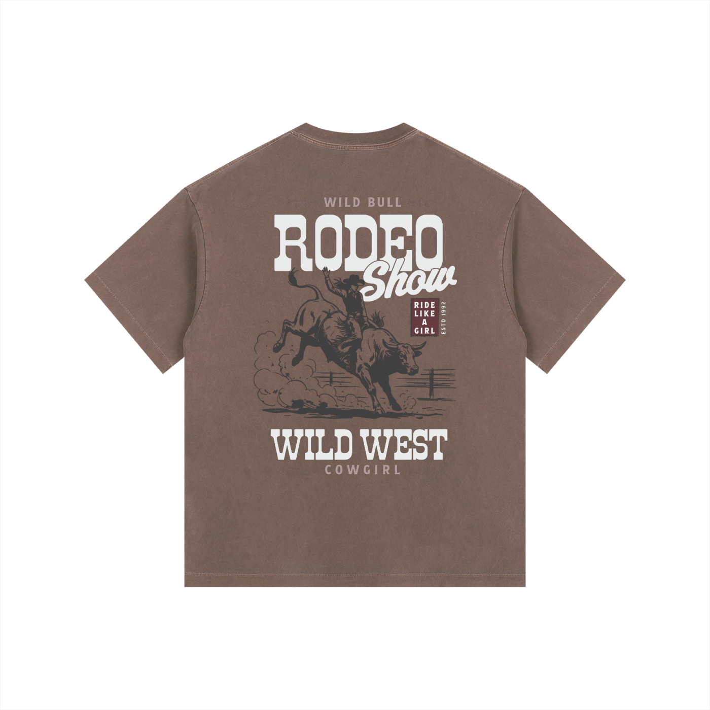 Back view of a Coffee Brown Heavyweight Boxy T-Shirt featuring a vintage white "Wild West Rodeo Show" bull riding graphic.