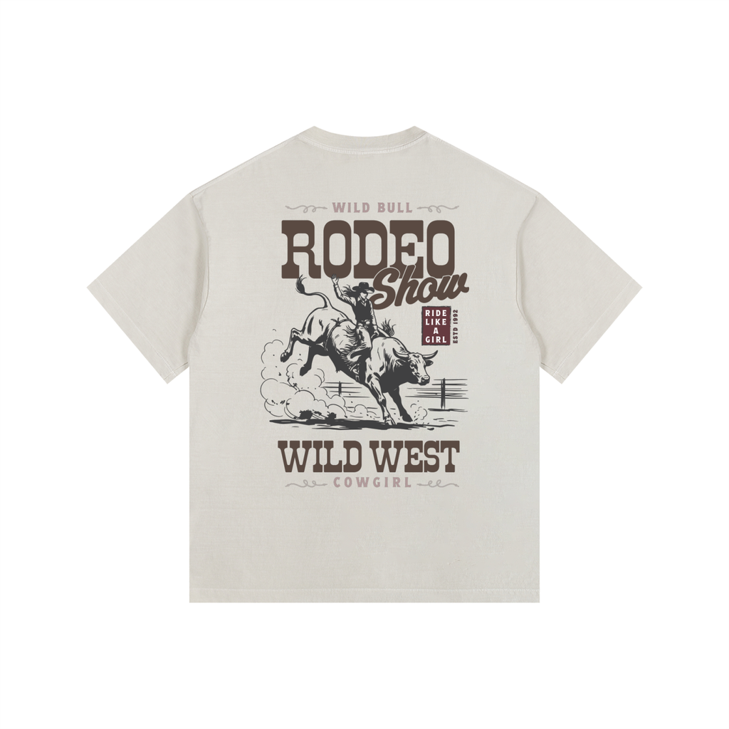 Back view of a Cream Heavyweight Boxy T-Shirt featuring a vintage espresso brown "Wild West Rodeo Show" graphic.