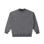 Front view of a boxy midnight grey heavyweight sweatshirt from LIKE A GIRL CLUB with a premium blue-toned charcoal wash.