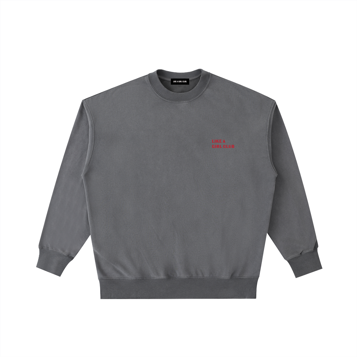Front view of a boxy midnight grey heavyweight sweatshirt from LIKE A GIRL CLUB with a premium blue-toned charcoal wash.