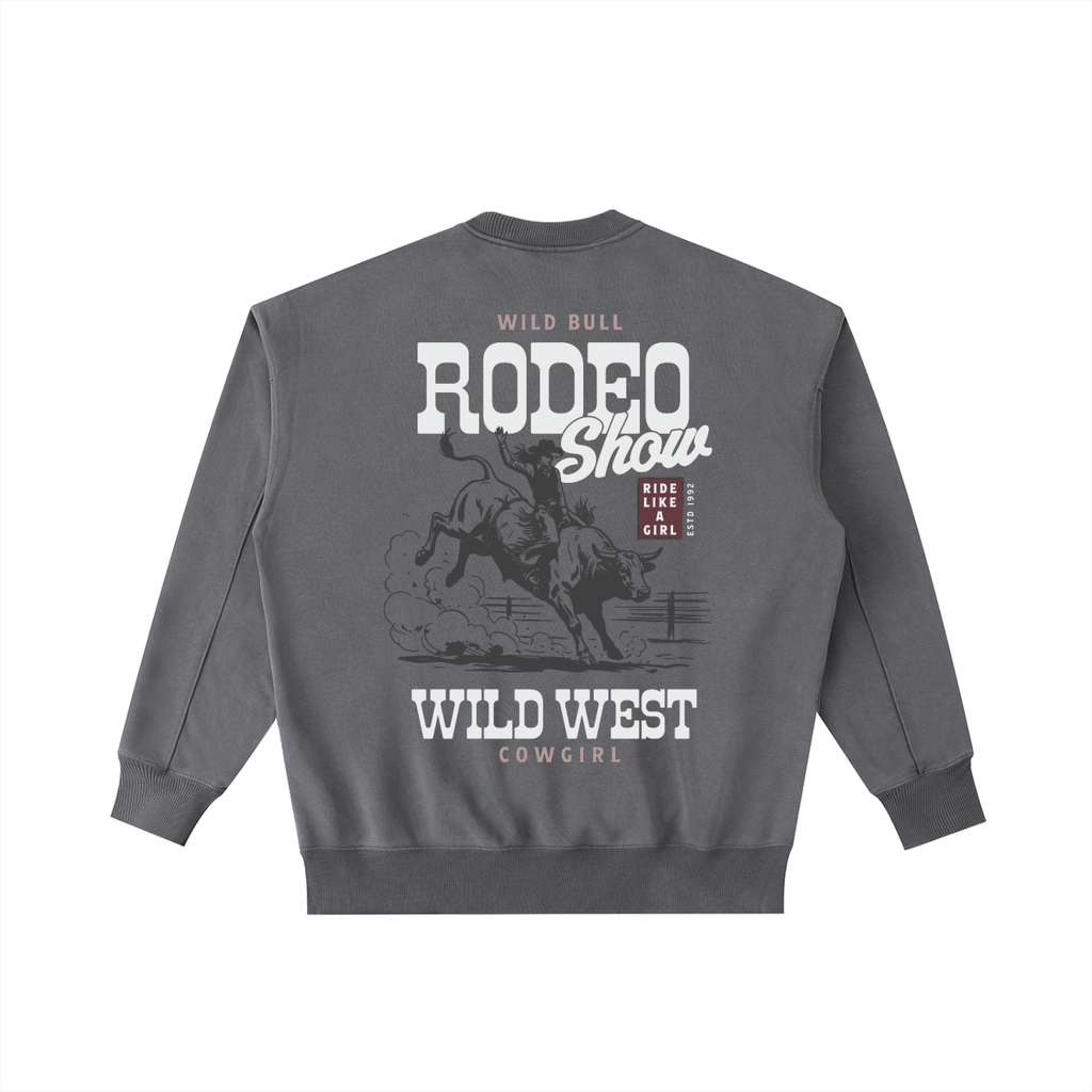 Back view of a Dark Grey Vintage Washed Heavyweight Crewneck with an off-white "Wild West Rodeo Show" graphic.