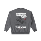 Back view of a Dark Grey Vintage Washed Heavyweight Crewneck with an off-white "Wild West Rodeo Show" graphic.
