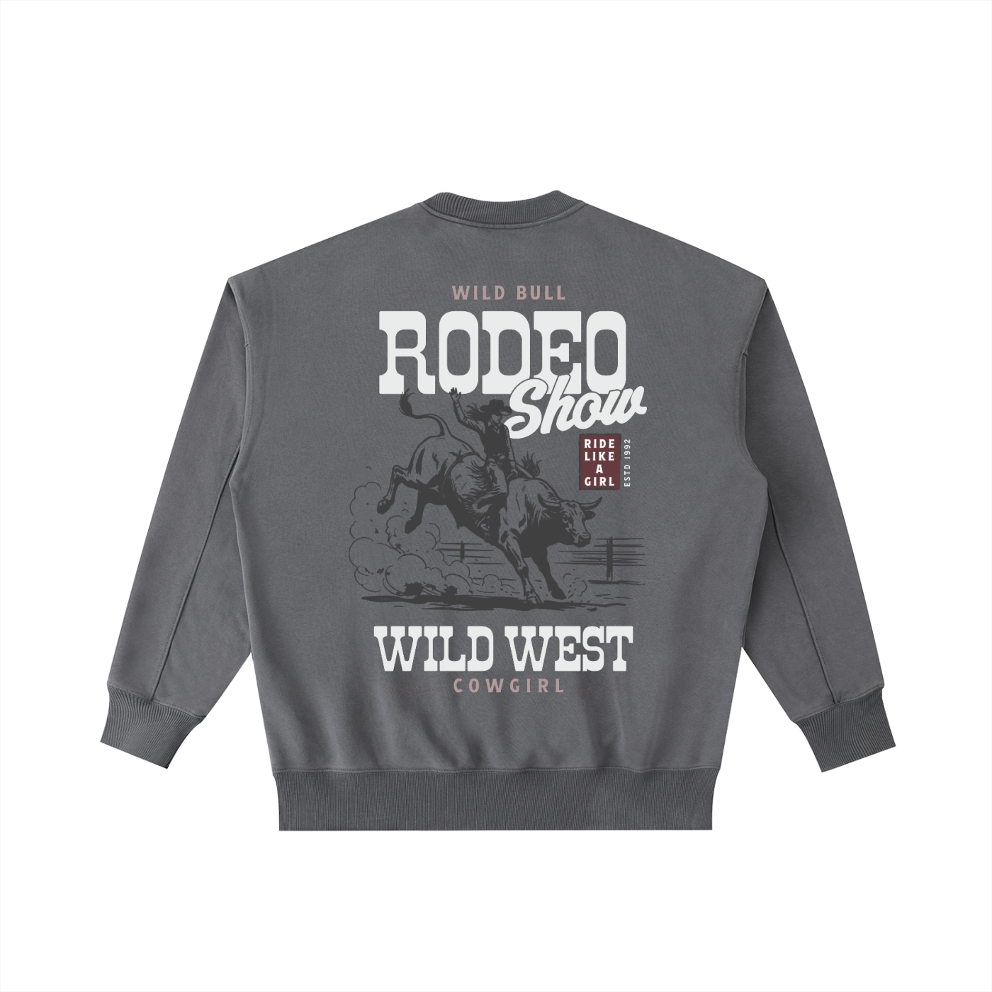 Back view of a Dark Grey Vintage Washed Heavyweight Crewneck with an off-white "Wild West Rodeo Show" graphic.