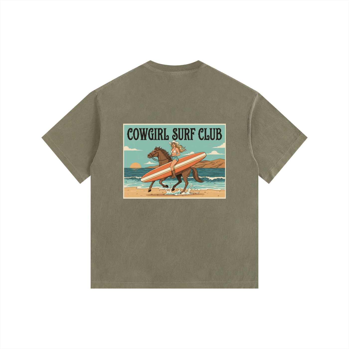 Cowgirl Surf Club Vintage Washed Oversized Cotton T-Shirt Army Green
