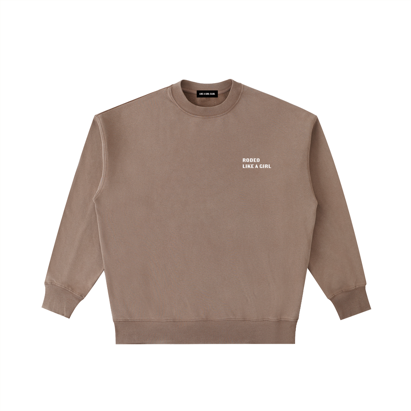 Front view of a boxy, coffee brown heavyweight sweatshirt from LIKE A GIRL CLUB with a premium vintage wash.