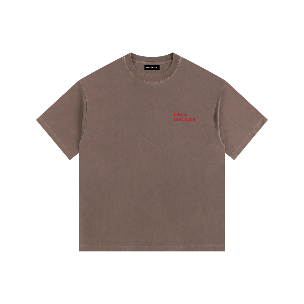 Front view of a boxy coffee brown heavyweight t-shirt from LIKE A GIRL CLUB with a structured streetwear fit.
