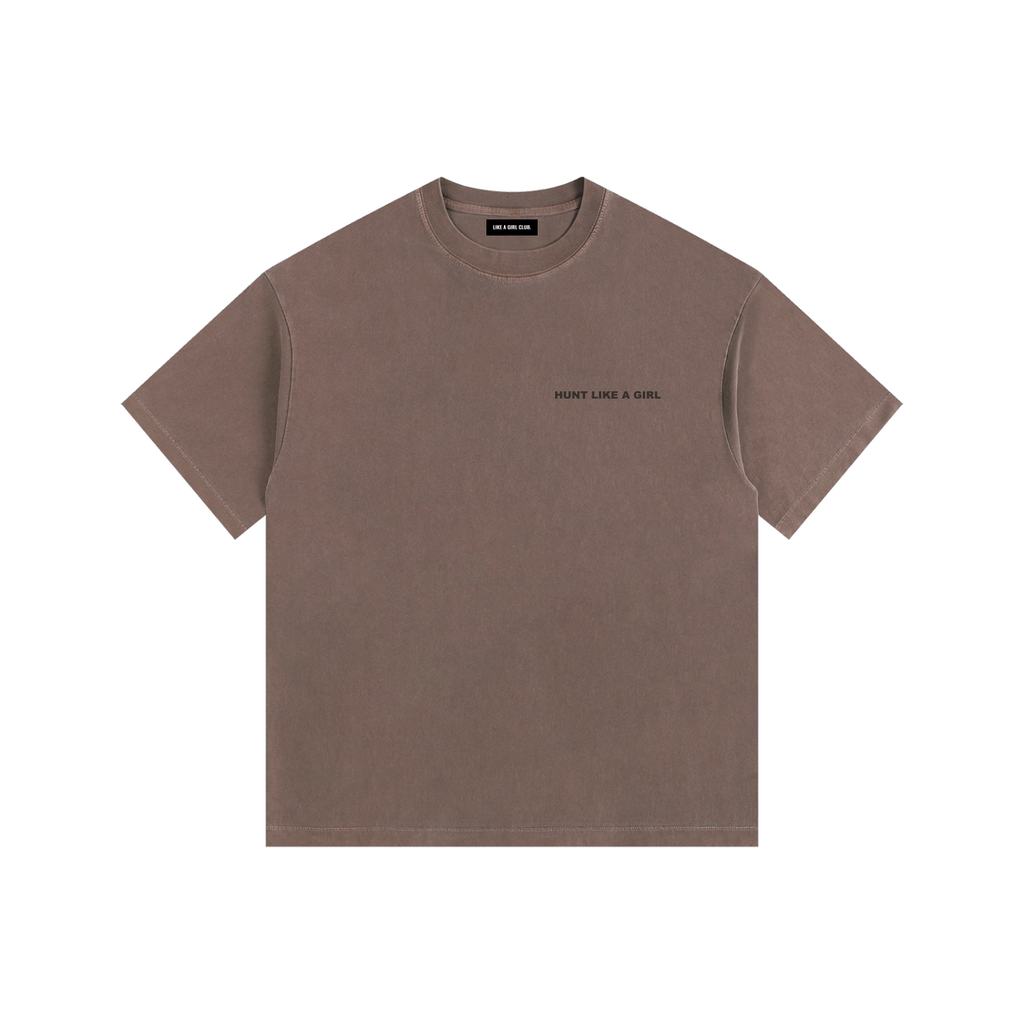 Front view of a boxy coffee brown heavyweight t-shirt from LIKE A GIRL CLUB with a structured streetwear fit.