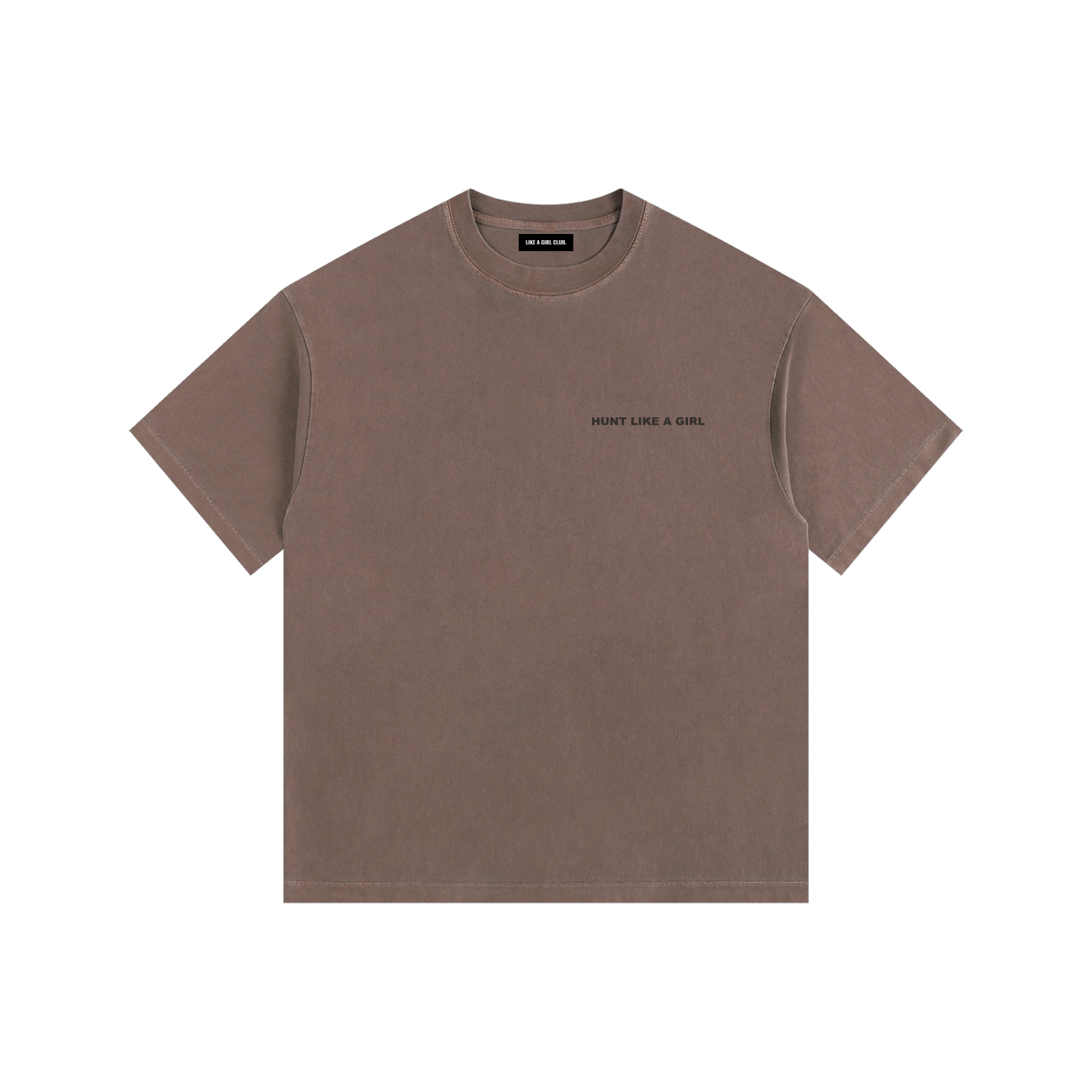 Front view of a boxy coffee brown heavyweight t-shirt from LIKE A GIRL CLUB with a structured streetwear fit.