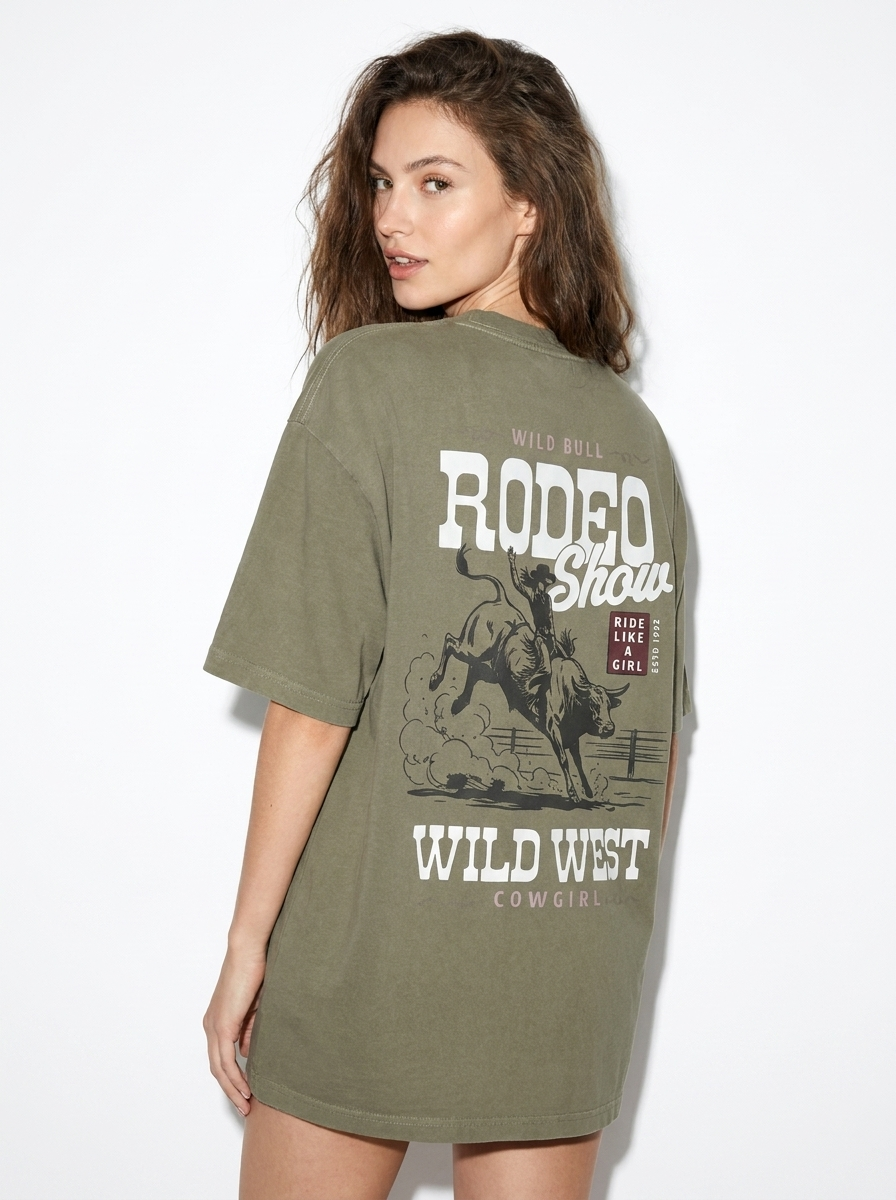 Rodeo Like A Girl Vintage Washed Oversized Cotton T-Shirt Army Green