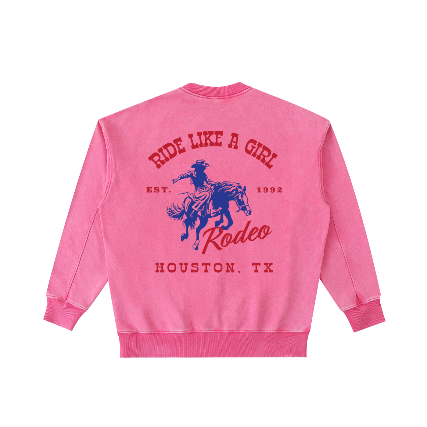 Back view of a Pink Vintage Washed Crewneck featuring a red and navy Houston TX Rodeo "Ride Like A Girl" graphic.
