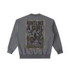 Back view of a Dark Grey Vintage Washed Crewneck with a moss green duck hunting "Hunt Like A Girl" graphic.