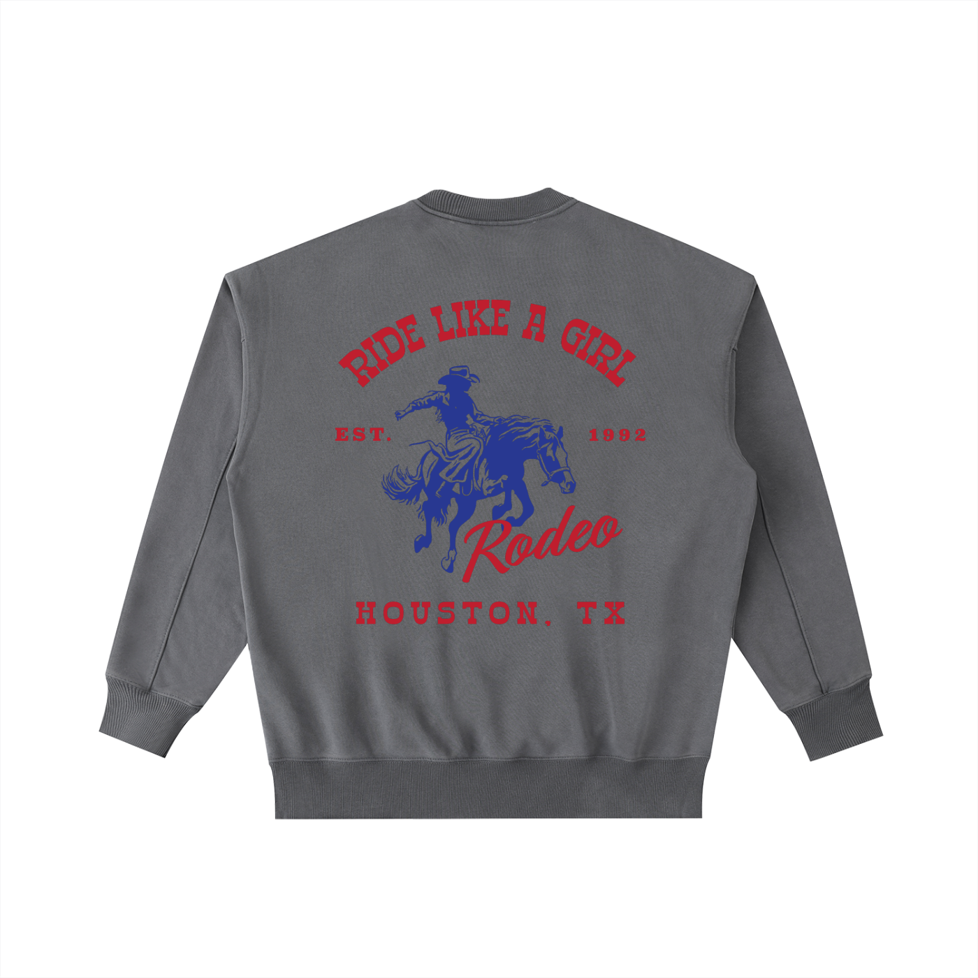 Back view of a Midnight Blue-Grey Vintage Washed Crewneck with a red and blue Houston TX Rodeo graphic.