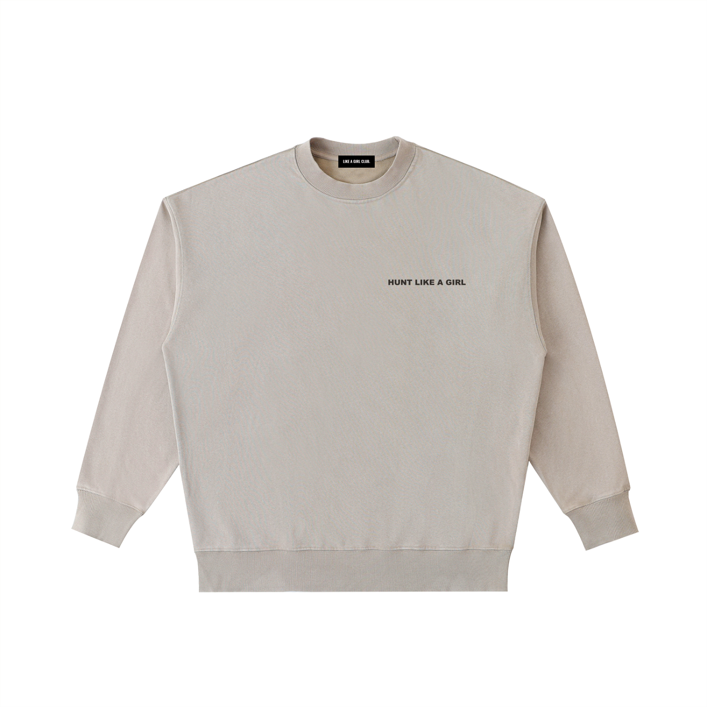 Front view of a boxy off-white heavyweight sweatshirt from LIKE A GIRL CLUB with a premium streetwear fit.