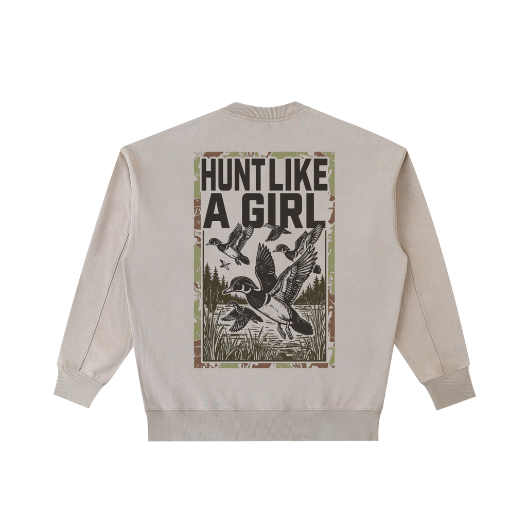Back view of an Off-White Vintage Washed Crewneck with a moss green "Hunt Like A Girl" duck graphic.