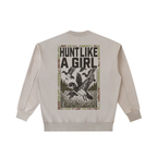 Back view of an Off-White Vintage Washed Crewneck with a moss green "Hunt Like A Girl" duck graphic.
