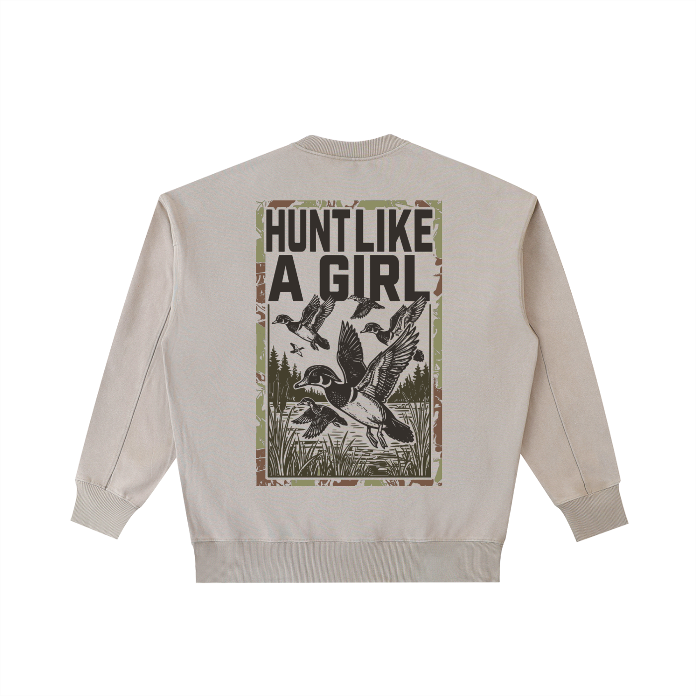 Back view of an Off-White Vintage Washed Crewneck with a moss green "Hunt Like A Girl" duck graphic.