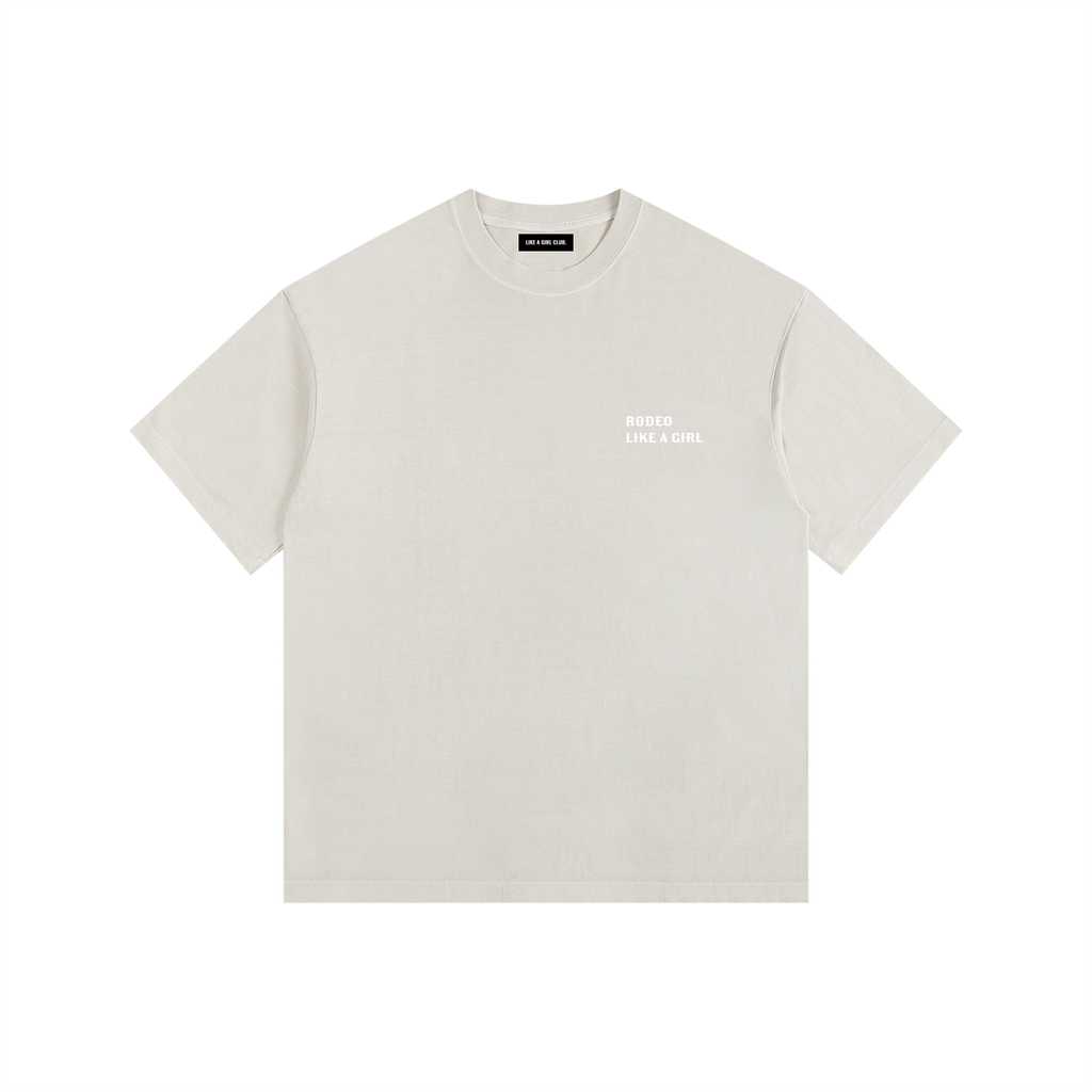 Front view of a boxy, cream heavyweight t-shirt from LIKE A GIRL CLUB with a structured streetwear fit.