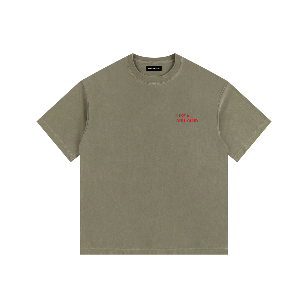 Front view of a boxy army green heavyweight t-shirt from LIKE A GIRL CLUB with a structured streetwear fit.