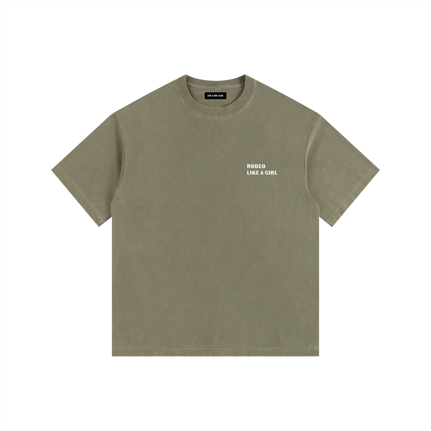 Front view of a boxy, army green heavyweight t-shirt from LIKE A GIRL CLUB with a thick streetwear collar.